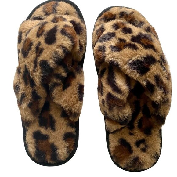 Fuzzy Cross Band Animal Print Open Toe Slippers Memory Foam Women's Medium 7-8 - Picture 1 of 11